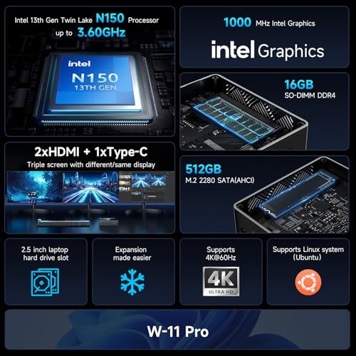 Image of Bmax Mini PC, Intel Twin Lake N150, 16GB RAM 512GB M.2 SSD (up to 3.6 GHz), Mini Desktop Computer, 4K Dual HDMI / USB3 / WiFi5 / Type C / BT5 RJ45 for Office, Business Small PC