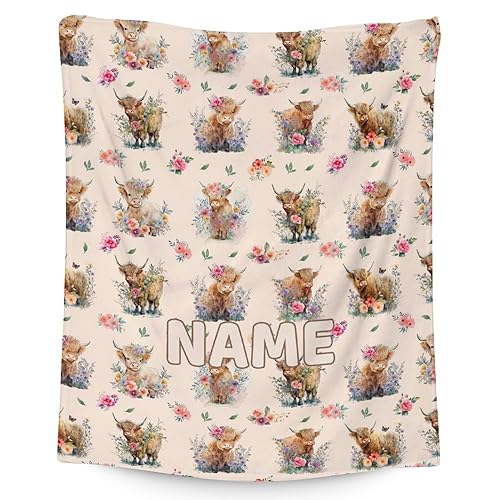 Mercuryelf Custom Highland Cow Throw Blanket - Soft, Fuzzy & Warm - 40x50 Inches Flannel Blankets for Travel, Office - Beige Cute Throws Gift for Kids