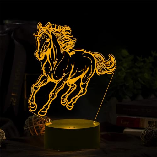 BIRBANN Lámpara de Caballo 3D para Niños - Luz Nocturna con Ilusión Óptica, 7 Colores Cambiables por Control Táctil, USB Recargable, Decoración para Dormitorio Infantil (Regalo Cumpleaños/Navidad)​