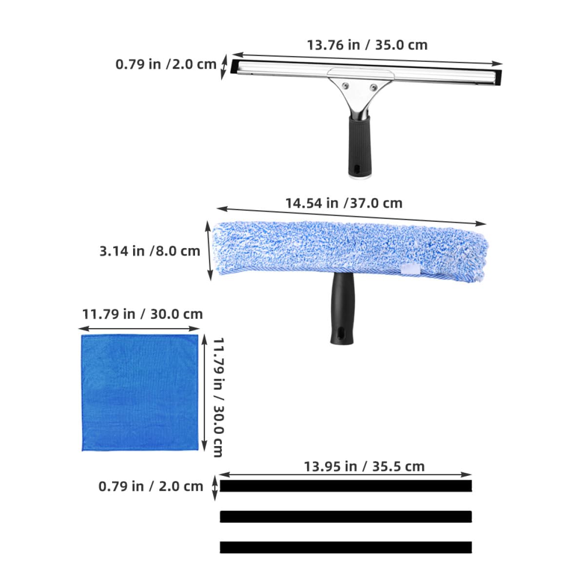 Kit Limpiador de Ventanas Multiuso Escobilla de Goma Negra, Soporte T Negro Cabezal de Microfibra Estrellado, Paño Azul 30x30 Cm y 3 Tiras de Goma 35 Cm para Hogar, Baño y Coche