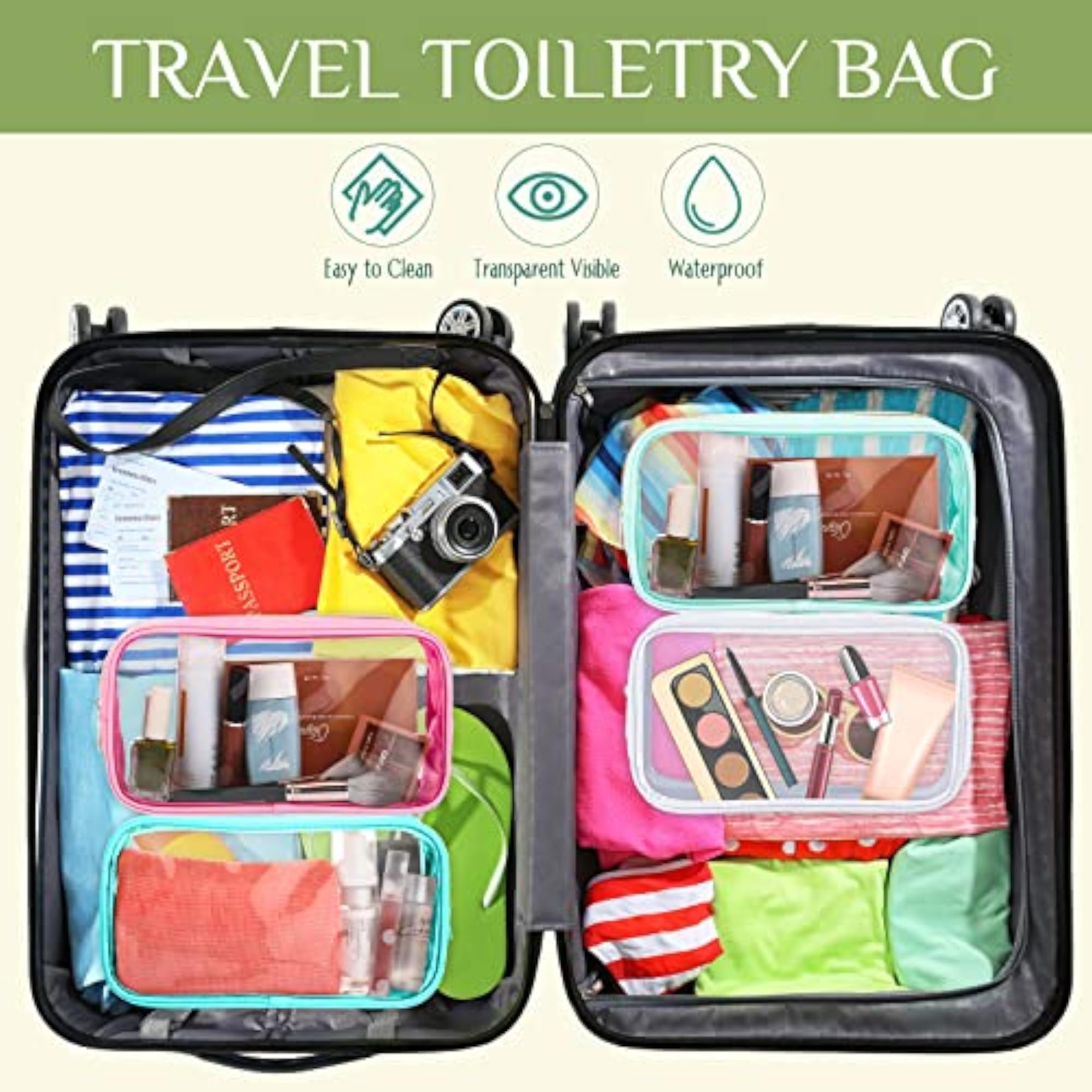 9 Pcs Preppy Clear Makeup Bag Set, Large Nylon Organizer