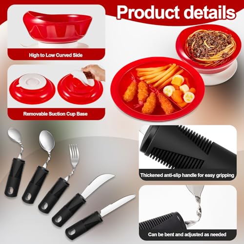 Maxcheck 7 Pcs Spill Proof Scoop Bowl and Partitioned Plate Set with Suction Base and Adaptive Utensils Set Non Slip Weighted Angled Silverware Adaptive Self Feeding Dinnerware for Elderly Disabled - Image 4