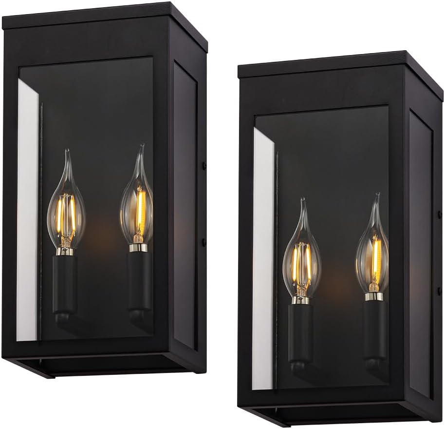 Cerdeco Black Outdoor Wall Light with Clear Glass,Modern Outdoor Wall Sconce with 2*E12 Socket,2 Pack(ETL Listed)