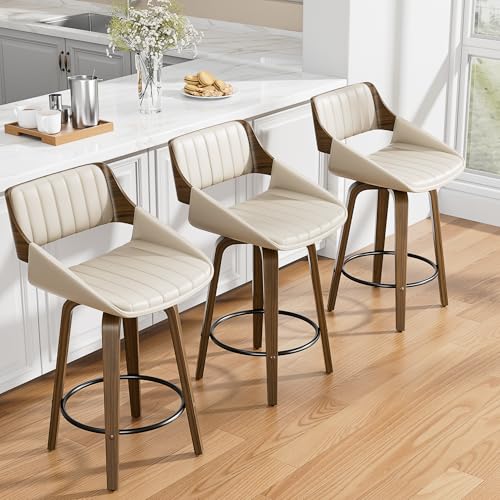 Image of YaFiti Bar Stools Set of 4, 26 inch Swivel Counter Height Barstools with Bentwood Back and Legs, Mid Century Modern Upholstered Faux Leather Counter Stools for Kitchen Island, Dining Room, Cream White