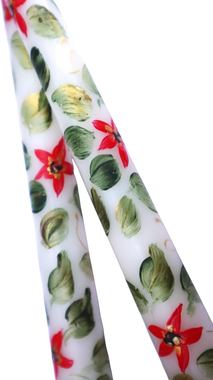 Elegant Decorative Artist Hand Painted Red and Gold Poinsettia Taper Candles Holiday Decor Dinner Table Tapered Candlesticks Classic Christmas Decorations