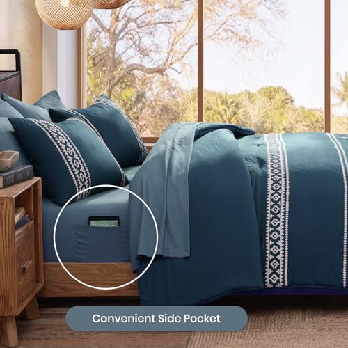 Image of MaiReve Embroidery Queen Comforter Set 7 Pieces Navy Blue Bed in a Bag