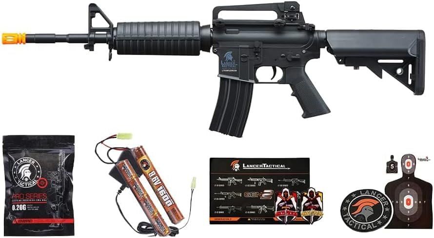 Lancer Tactical Gen 2 Airsoft M4A1 Carbine Polymer AEG Gun w/9.6v Nimh 1600 mAh Battery Charger 1000 Rounds 0.20g BBS Included (Black/Tan) (Regular Polymer Black)