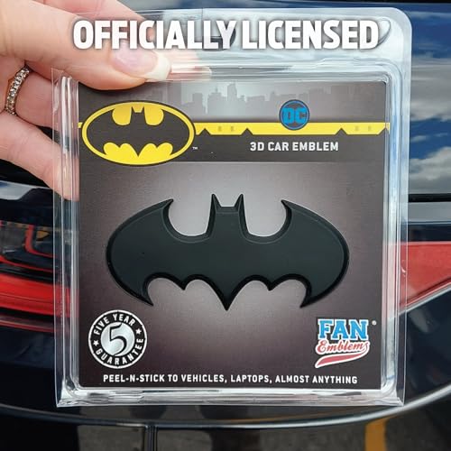 Image of Fan Emblems Batman Car Emblem - 1989 Batwing Batarang Symbol 3D Auto Badge - Color: Matte Black - Size: 3.8 x 1.8 x 0.2 inches - Officially Licensed DC Car Accessories
