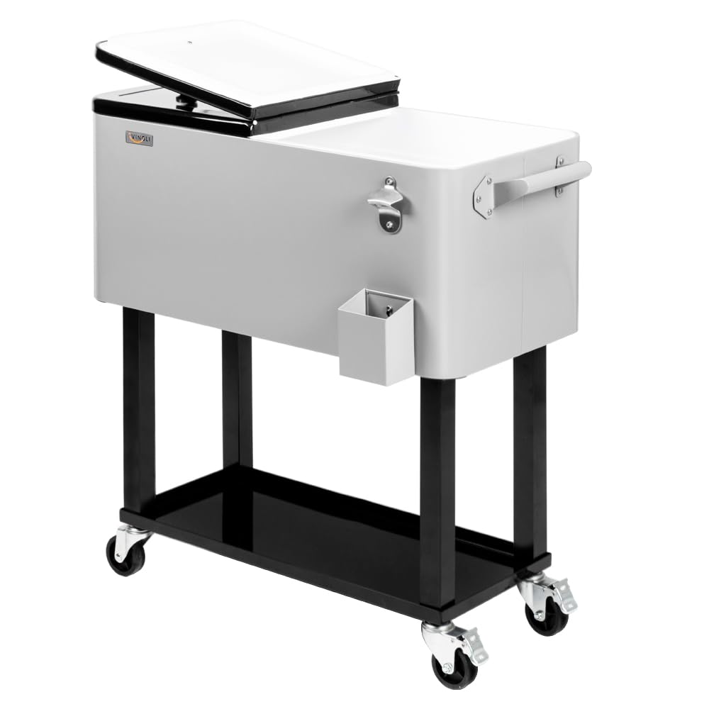 Bonnlo 76L Servierwagen mit Rollen, Getränkekühler aus Metall mit Ablauf – Mobiler Kühlwagen mit Ablagefach & Feststellrädern, für Outdoor-Partys, Garten, Camping & Strand, 77,5 x 38,5 x 84 cm, Silber