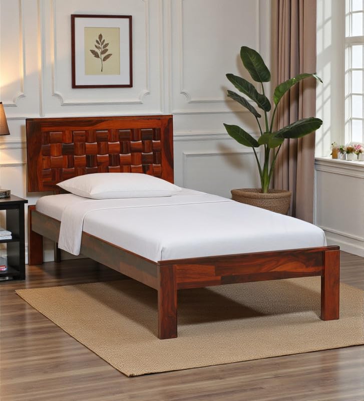 Image of Solid Sheesham Wood Woodora Single Bed Without Storage | Wooden Single Bed Cot Palang Furniture for Bedroom Living Room Home and Hotel (Honey Oak Finish)