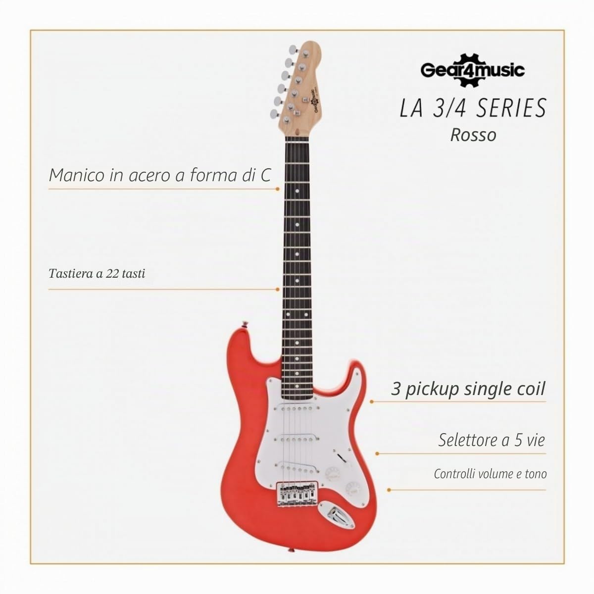 3/4 chitarra elettrica LA MiniPacchetto con Amplificatore rosso | Per giovani musicisti, 3 pickup single coil con selettore a 5 posizioni, mini ampli portatile 3W