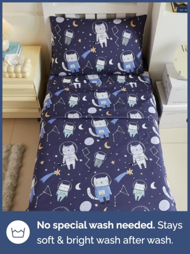 Image of Kids Twin Size Cat Bed Sheets - 3 Piece Kids Cat Sheet Set - Galaxy Astronaut Bedding - Ultra-Soft, Cute & Cozy - Breathable & Machine Washable - Wonderful Bed Set for Boys, Girls, Teens & Toddlers