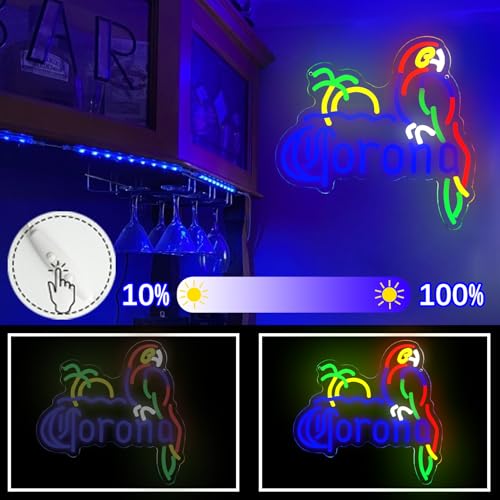 Image of Coron Neon Sign Parrot Neon Lights for Bar Decor, Palm Tree Beer Lights Bar LED Neon Sign Dimmable Light Up Signs Man Cave Home Pub Beer Gift Neon Lamp (Blue)