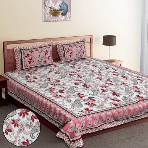 Image of 300 TC 100% Cotton Bedsheet for Double Bed King Size with 2 Pillow Covers | Breathable & Super Soft Rajasthani Sanganeri Jaipuri Printed Bed Sheet - 90 * 108 Inches (Paisley Pink)