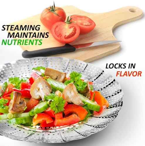 Image of Stainless Steel Steamer Basket for Cooking | Foldable Vegetable Steamer Basket for Momos, Dumplings & Veggies | Expandable Steam Cooker Insert | Dishwasher Safe Kitchen Steaming Basket (Multi)