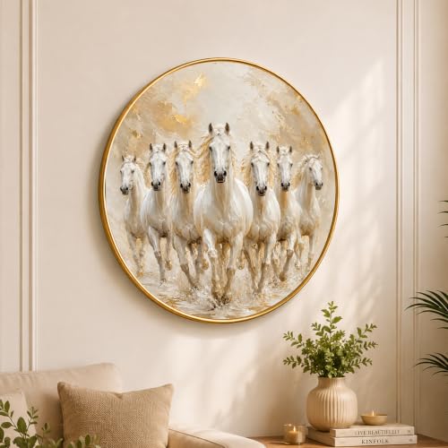 Image of PAINTINGMANTRA 7 Running White Horses Wall Art Painting with Frame for Living Room, Vastu Seven Horse Round Framed Painting for Home Office Bedroom, 23 Inch