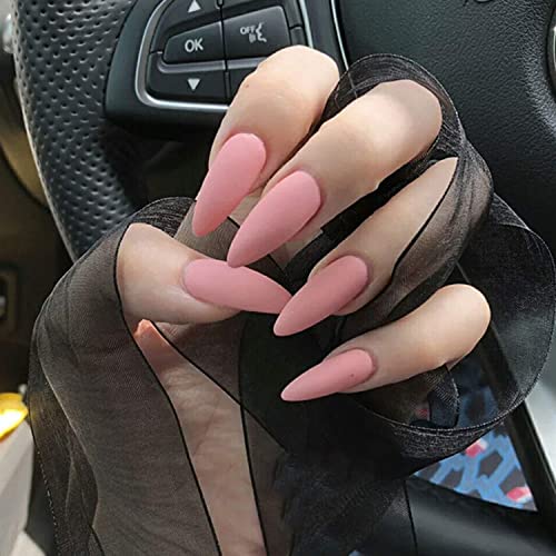 24 Pcs Fake Nails Matte Stiletto Long Almond Shape Nails Light Pink Full Cover Nail Art Medium FALSE Gel Nails Tips Sets for Women Teens Girls (Light Pink)
