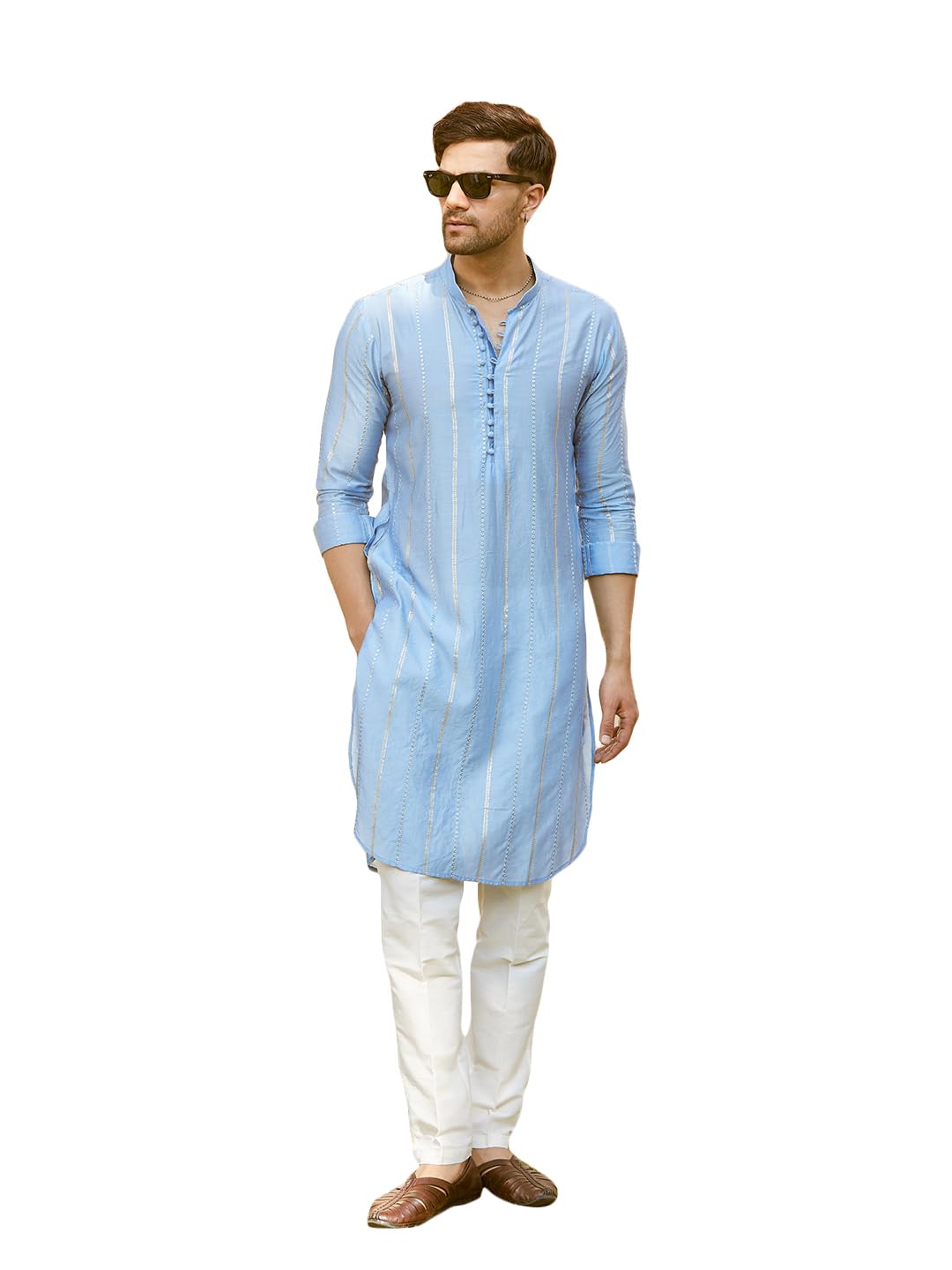 See Designs Men Full Sleeve Turquoise Blue Chanderi Silk Sequins Mandarin Collar Side Slit Kurta With Pyjama - Sdmkt144401Xxl