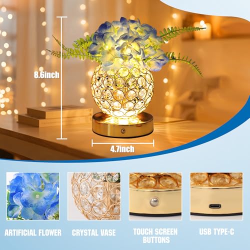 Image of Blue Artificial Hydrangea Flower Lamp, 3 Color Dimmable Touch Control Night Light, Christmas Birthday Gifts for Women, Artificial Hydrangea Flower Table Lamp Decor for Bedroom Bar Coffee Shop Wedding