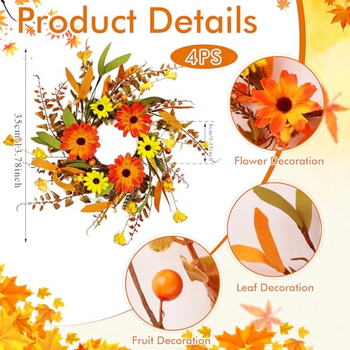 Image of 4 Pcs 3 Inch Fall Daisy Candle Rings Thanksgiving Table Centerpieces Mini Artificial Candle Rings Autumn Daisy Wreaths Cabinets Farmhouse Autumn Wreath for Indoor Front Door Wall Window Decorations
