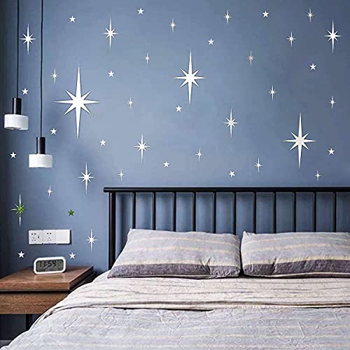 Retro Starburst Mirror Wall Decals Silver 3D Acrylic Sparkle Wall Decors Star Wall Stickers Removable Star Decals Home Wall Decors(123Pcs) #TOP2