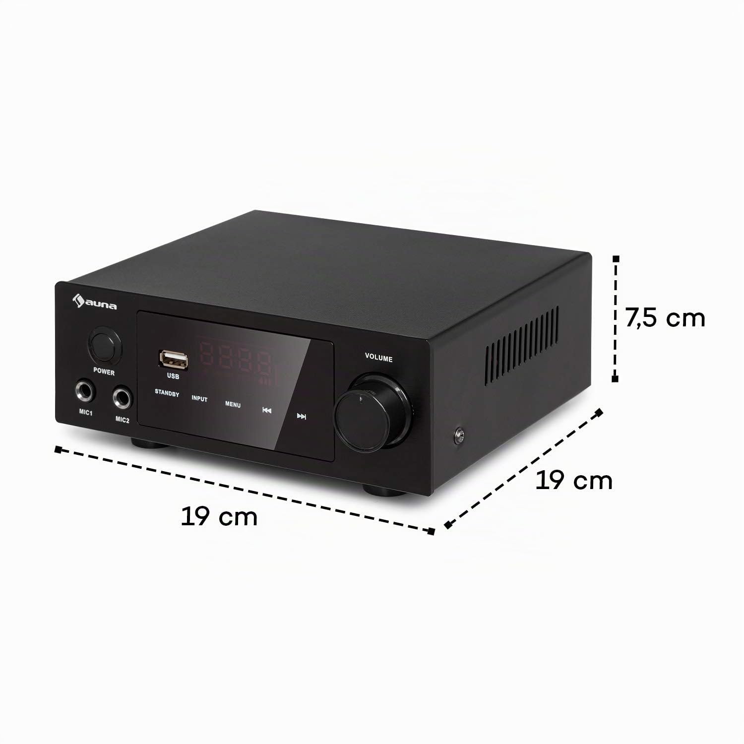 auna AMP-2 DG Amplificador estéreo HiFi - 2 x 50 W RMS, Bluetooth, 2 entradas Digitales: óptica y coaxial, USB, Entrada de DVD y AUX, Regulable: Graves, Agudos, Balance, ech, Pantalla LED, Negro