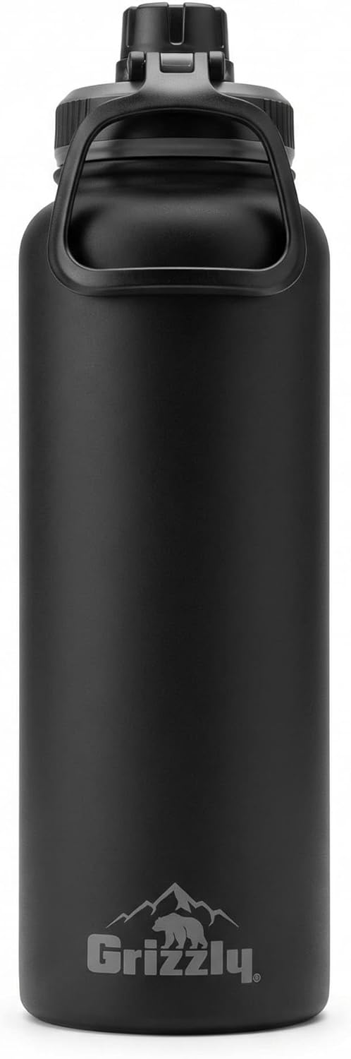 Grizzly Big Swig 40oz Water Bottle | Vacuum Insulated | Leak Resistant Lid | Stainless Steel | For Gym Hiking Beach Sports Camping | Blackout