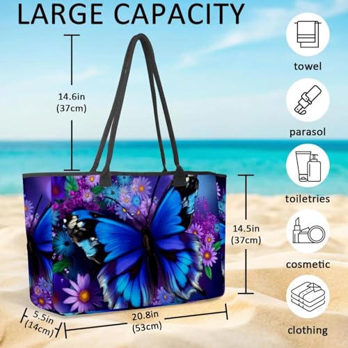 Large Beach Bag for Women, Blue Butterfly Daisy Flowers Painting Travel Tote with Pockets Waterproof Shoulder Handbag4