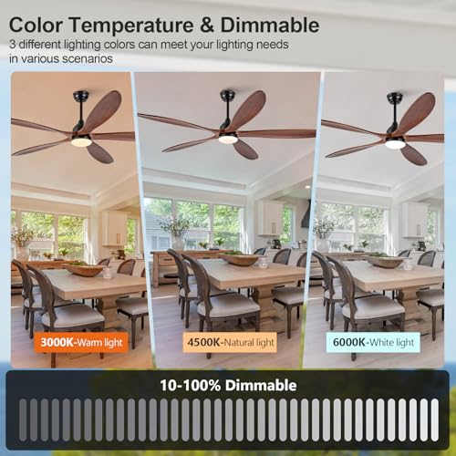 Image of 72 Inch Solid Wood Outdoor Ceiling Fans with Lights and Remote,Walnut 5 Blades,Dimmable,6 Speed Quiet DC Motor, Indoor Outdoor Ceiling Fan for Patios Bedroom Living Room