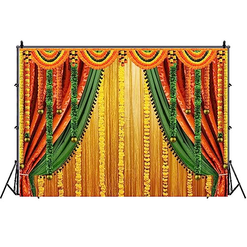 Image of Lofaris India Pooja Photography Backdrop Puja Ganpati Pooja Traditional Mehndi Festival Background Decorations Wedding Party Marigold Garlands Photo Props 6x4ft