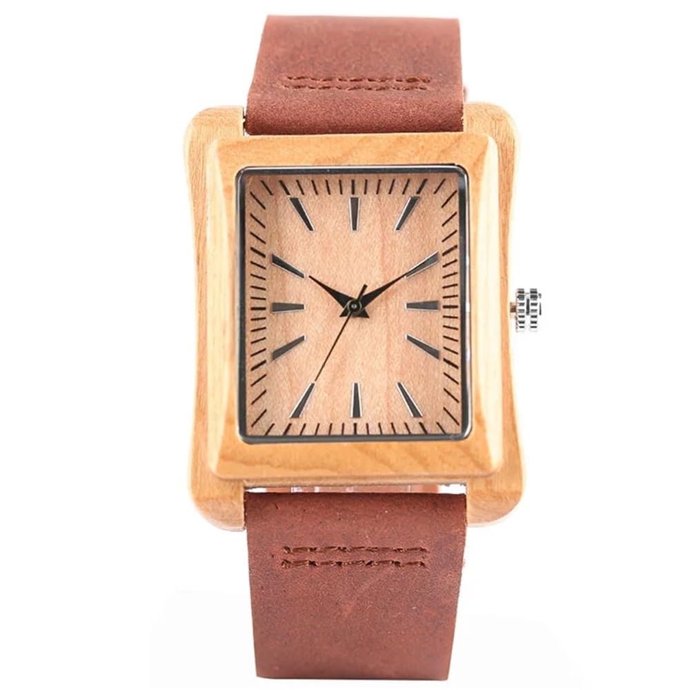 Orologio da Uomo in Legno con Cinturino in Pelle, Stile Moderno, Stile Casual, al Quarzo, Rettangolare, Stile Log, Stile Naturale(Cherry Wood A)
