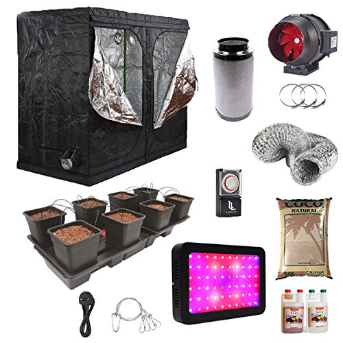Complete Grow Tent Kit - Wilma Large 8 Pot (11L) - 240x120x200 Grow Tent Kit - Coco - 600w Full Spectrum LED Grow Light