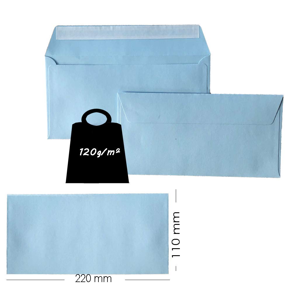 Enveloppes DIN longues - 110 x 220 mm - 120 g - Rabat droit avec patte autocollante - Idéal pour anniversaire, mariage, invitations, cartes de vœux, Noël - 100 x 17 cm - Bleu clair