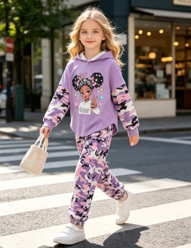 Image of Girls Fall Outfits Sweetie-girl Hoodie and Camo Pants Size 6-16 | Curved Hem Design,Skin-friendly Cotton Blend,for Daily School Playdates,Fall&Winter,Easy On & Off Pullover