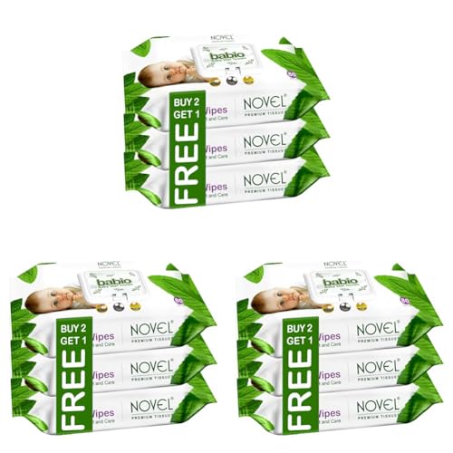 Image of Novel Baby Wet Wipes 80 Wipes x Pack of 9 (240 Wipes) | Aloe Vera, Chamomile, Jojaba Oil, Vitamin E Enriched | pH Balanced, Alcohol, Hypoallergenic & Paraben-Free | Extra Thick & Moist wet | Anti Rash Soft Gentle Baby Wipes with Lid