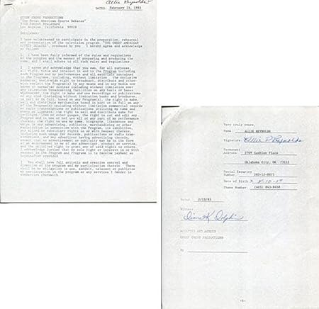 Allie Reynolds Autographed / Signed The Great American Sports Debates Contract - MLB Cut Signatures
