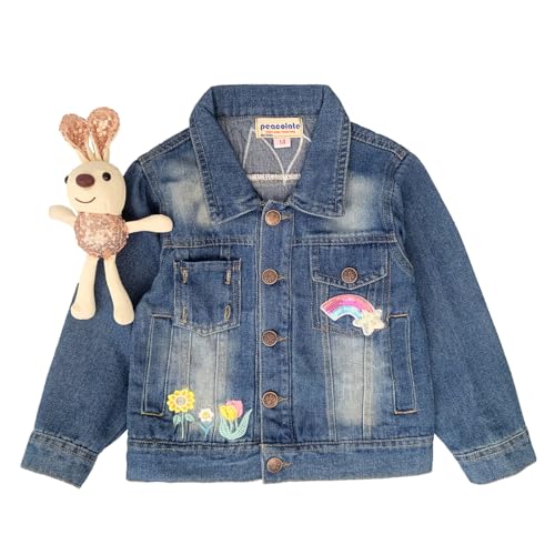 Peaoclate 3-10Years Little Big Girls Embroider Rabbit Denim Jacket3