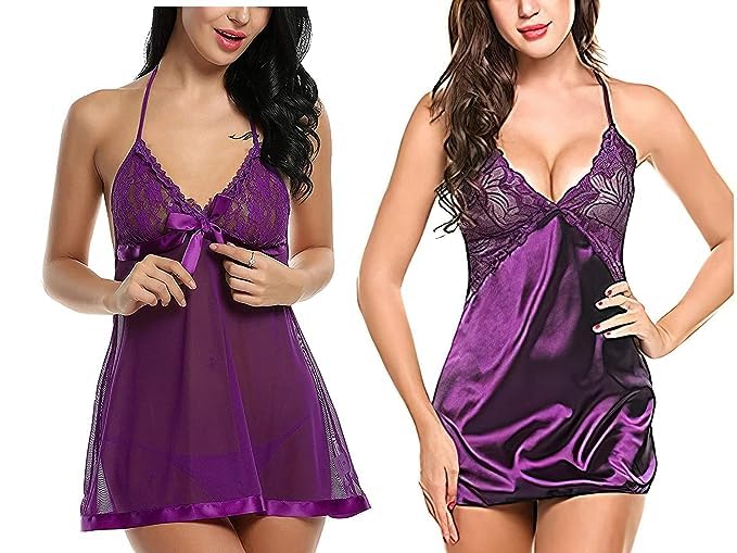 Women's Net Solid Above Knee Babydoll Lingerie Combo Set (Purple, Free Size)-image-34