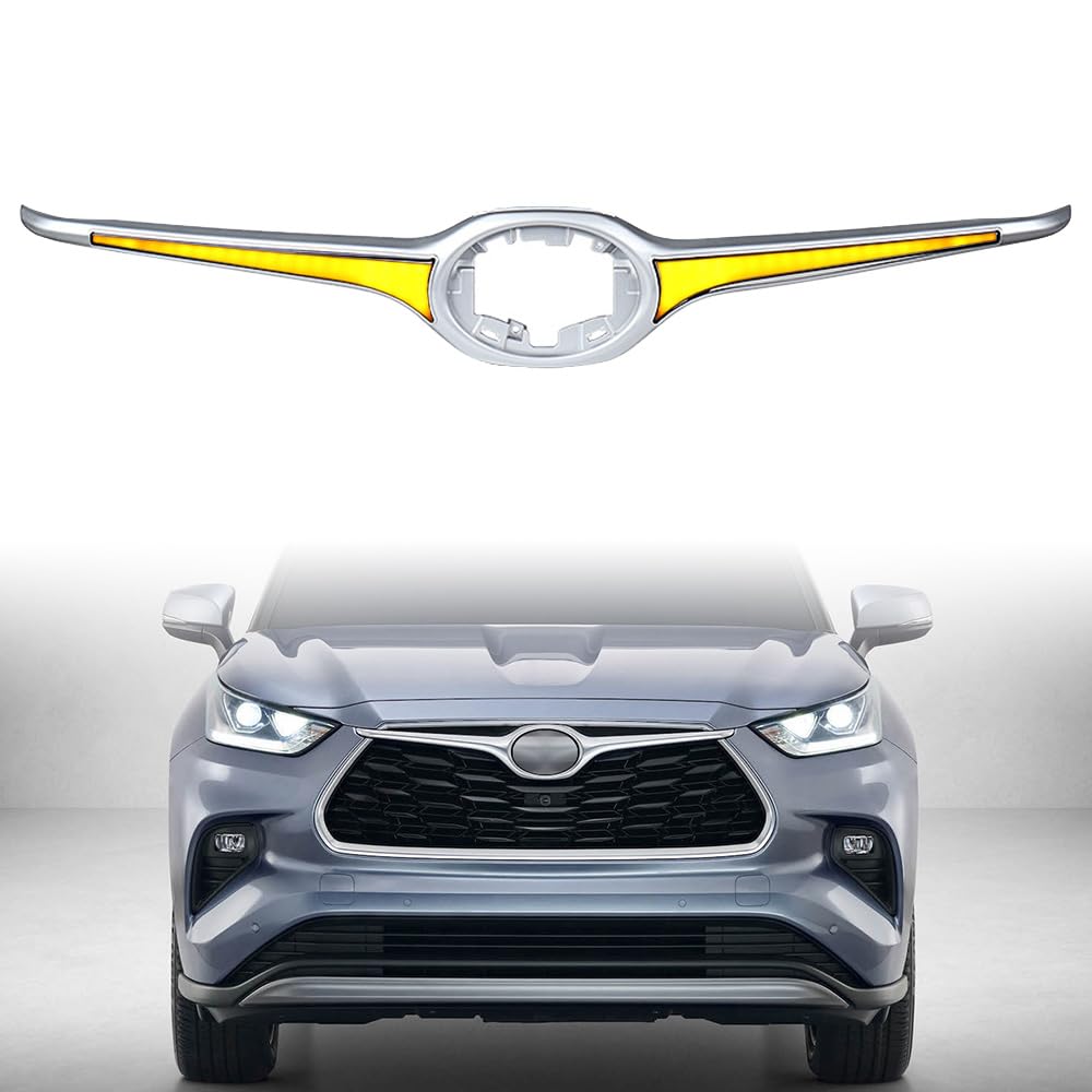 Front Grille w/White Amber Blue LED Daytime Running Light Multi-Function Flashing Turn Signal Lamp 60W Compatible with 2020-2024 Toyota Highlander Hybrid LE XLE Limited Platinum