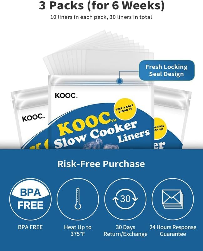 KOOC Slow Cooker Liners 14"x22" 30 Count Extra Large Size Disposable Pot Liners Cooking Bags Fit 6 qt to 10 qt Pot BPA Free Fresh Locking Seal Design - Image 4