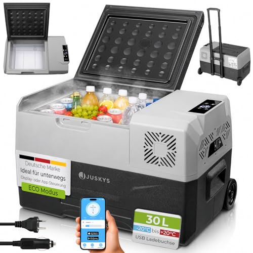 Juskys Kompressor Kühlbox 30 Liter 12/24/230 V für Auto, LKW, Reisemobil, Camping - Mini Kühlschrank kalt & warm - Kompressorkühlbox Steckdose - Grau