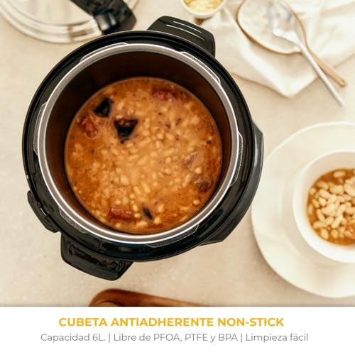 NEWLUX - Olla a Presión Programable 6L V110. Eléctrica de INOX, 10 Menús, 1000W, 24 h, Preserva el Calor, Efecto Presurización, Sistema Duopresión, Cubeta 100% Antiadherente, Acero inoxidable - imagen 4