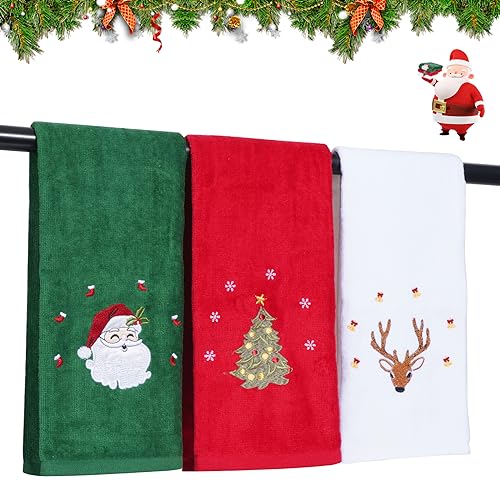 JUXINGDAZYF 3 Pcs Christmas Hand Towels for Bathroom, 100% Cotton Soft Absorbent Christmas Kitchen Towels, Embroidery Christmas Decorations Towel for Holiday, Kitchen, Gift (15 x 23 Inch)