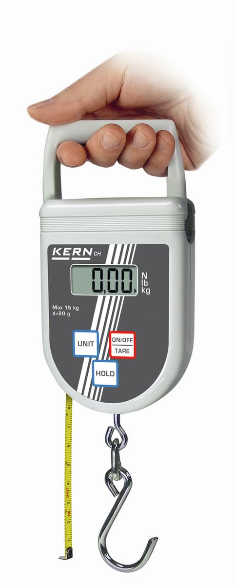 KERN Hängewaage CH 15K20 – Digitale Handwaage bis 15 kg, Ablesbarkeit 20 g, LCD-Display, Hold- & Peak-Hold-Funktion, Maßband & Edelstahlhaken, TÜV-geprüft, kompakte Kofferwaage