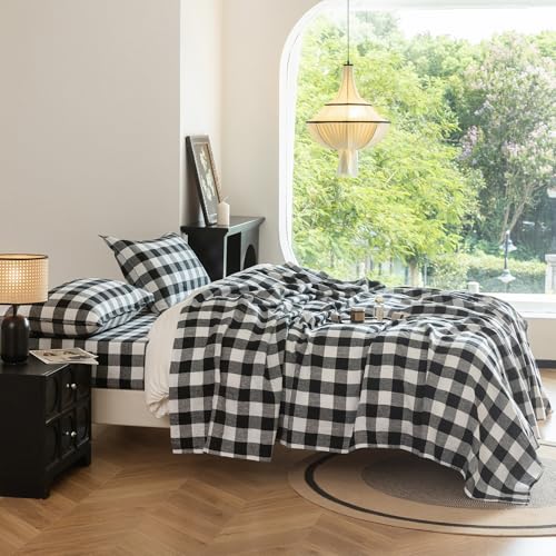 EVERLY Linen Sheets Set Full Size,100% French Stonewash Pure Linen Sheets Set,4Pieces (1Flat Sheet,1Fitted Sheet,2Pillowcase) Suitable for Hot Sleepers,Deep Pocket Natural Bedding Set-Black Plaid
