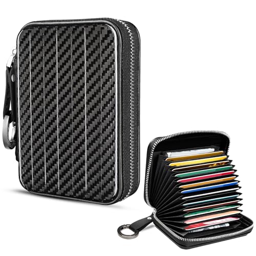 T-carbon Real Carbon Fiber Card Organizer Wallet with Zipper,RFID Blocking 15 Slot Credit Card Holder Wallet with Keychain
