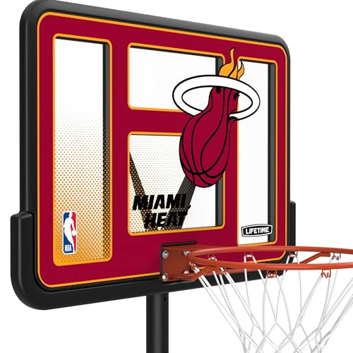 Image of Lifetime NBA Miami Heat Portable Basketball Hoop, Adjustable Height 7.5-10 Ft, 44 Inch Shatterproof Fusion Backboard, Base with Wheels