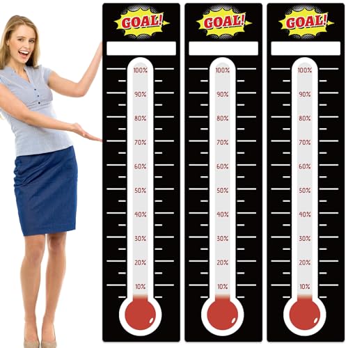 Gersoniel 3 Pcs Fundraising Thermometer Goal Charts 11 x 46.5 Dry Erase Goal Trackers Chart Thermometer Goal Setting Wall Poster Vinyl Sticker Goal Thermometer Chart for Home School Office (Black)