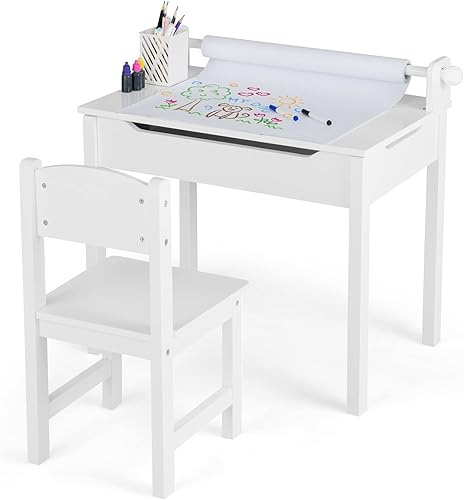 Miniatura 20 de HONEY JOY Juego de mesa y silla para niños, escritorio y silla de madera con cajón, soporte para rollo de papel y 2 rotuladores, juego de mesa de