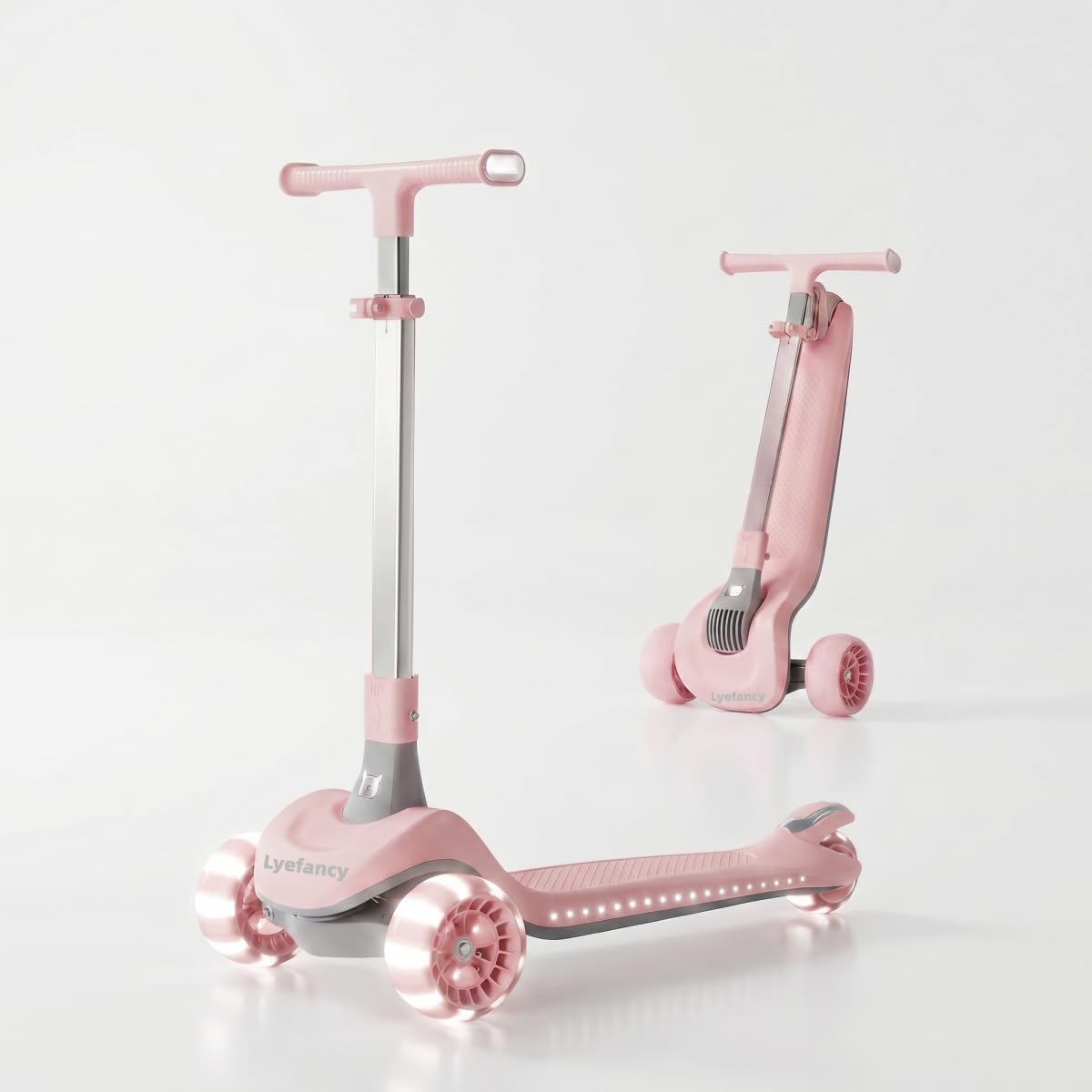 Lyefancy 3 Wheel Scooter for Big Kids Age 3-15, Folding Scooter for Teens, Children Scotter with 5 Adjustable Height and Cup Holder, Flashing PU Wheels, Lean to Steer, Flashing Deck(Pink)